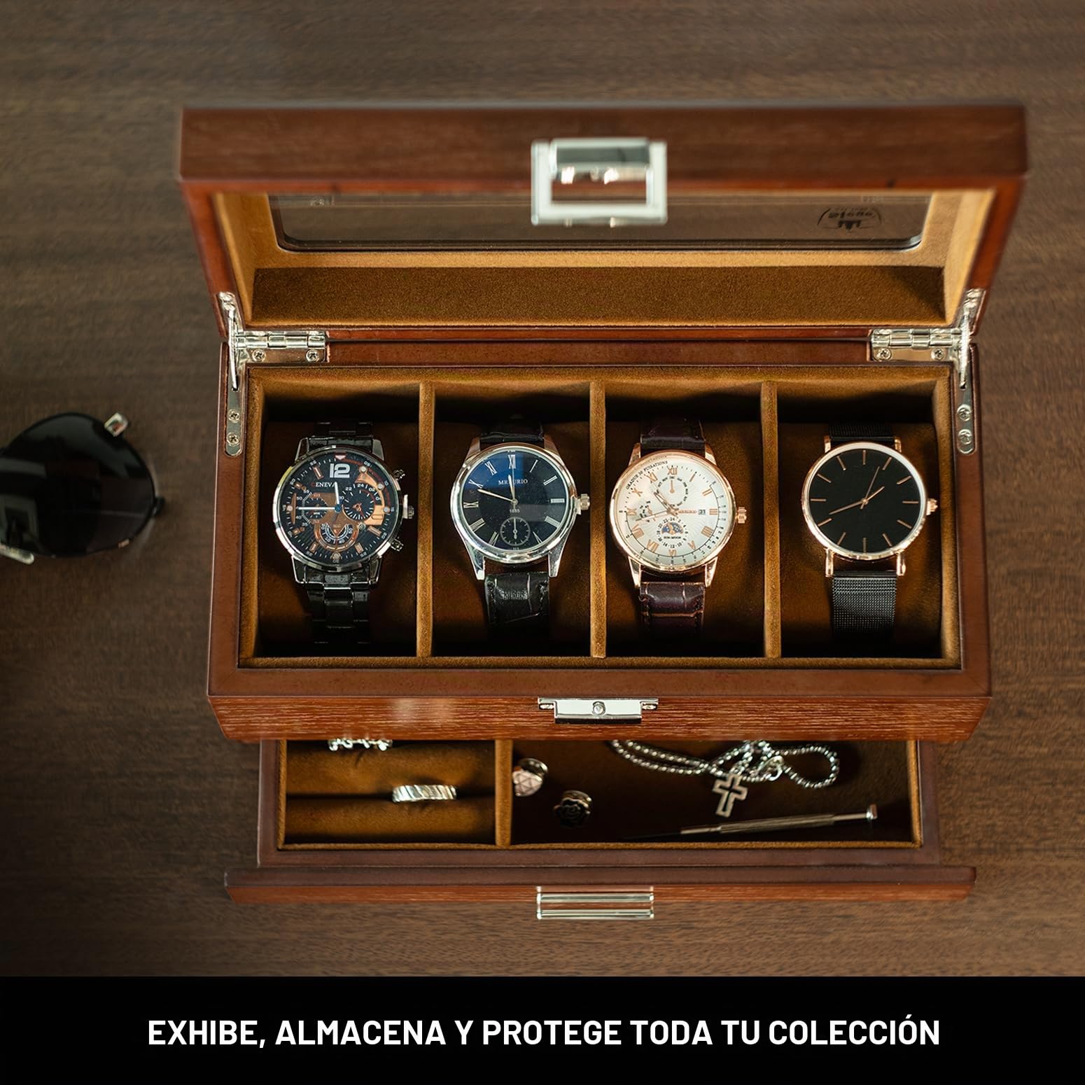 Slege Caja de Relojes de Madera,con 4 Compartimentos de 2 Niveles,Caja para Relojes Hombre,Estuche Relojero Organizador con 1 Cajón,Cubierta de Vidrio,Organizador para Hombres y Mujeres Regalo,Marrón