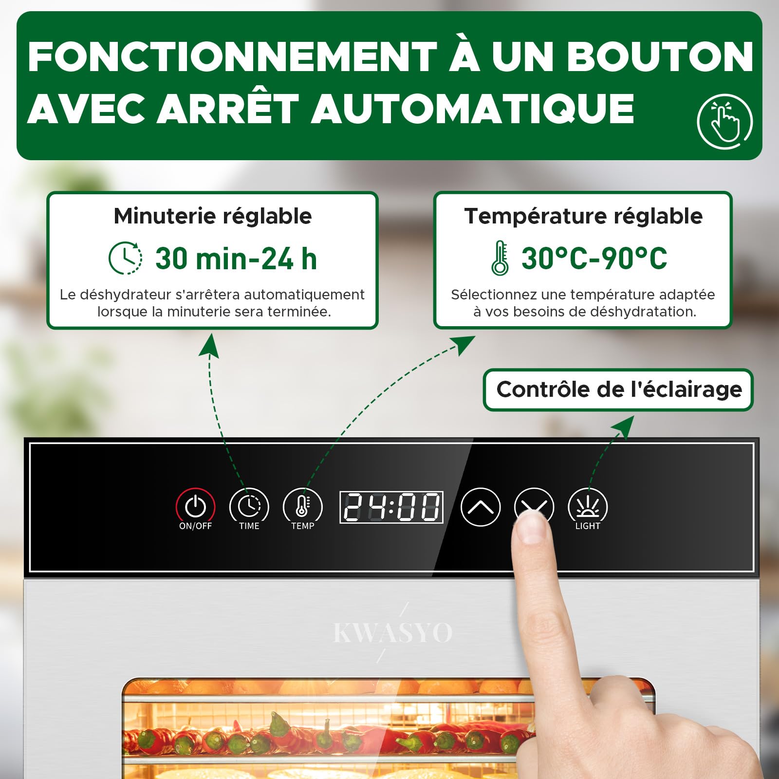 Kwasyo Déshydrateur Alimentaire Professionnel 18 Plateaux, 800W Déshydrateur en Acier Inoxydable avec Circulation d’Air à 360°, Grande Capacité pour Viande, Fruits, Légumes, Herbes