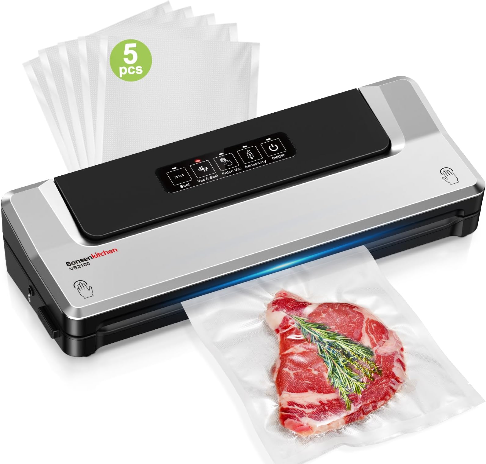 Bonsenkitchen Vacuum Sealer Machine | Compact Food Sealer for Kitchen Storage & Meal Prep | Multiple Modes​​ | External Vacuum System | 5 Bags, Silver​​