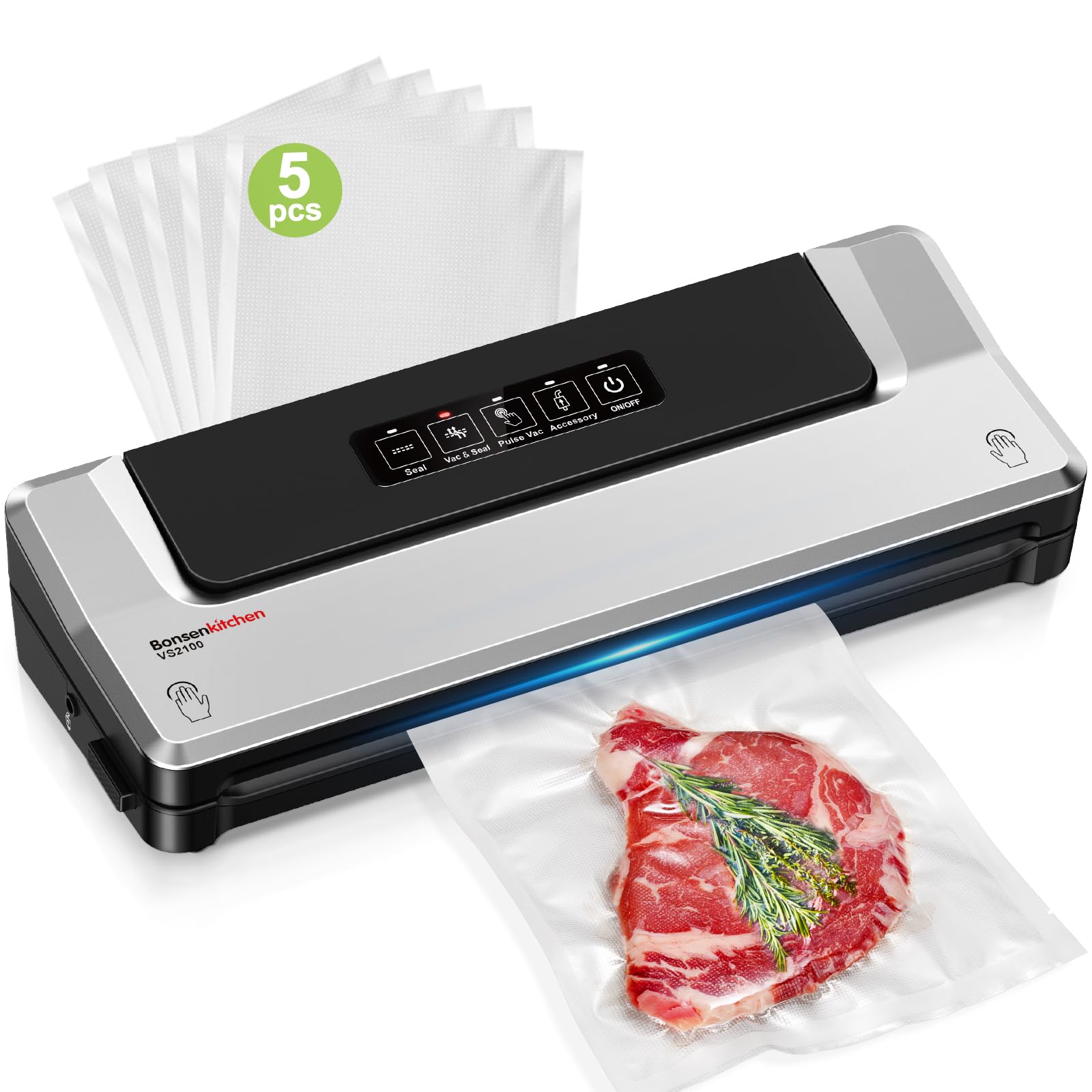 Bonsenkitchen Vacuum Sealer Machine | Compact Food Sealer for Kitchen Storage & Meal Prep | Multiple Modes | External Vacuum System | 5 Bags, Silver
