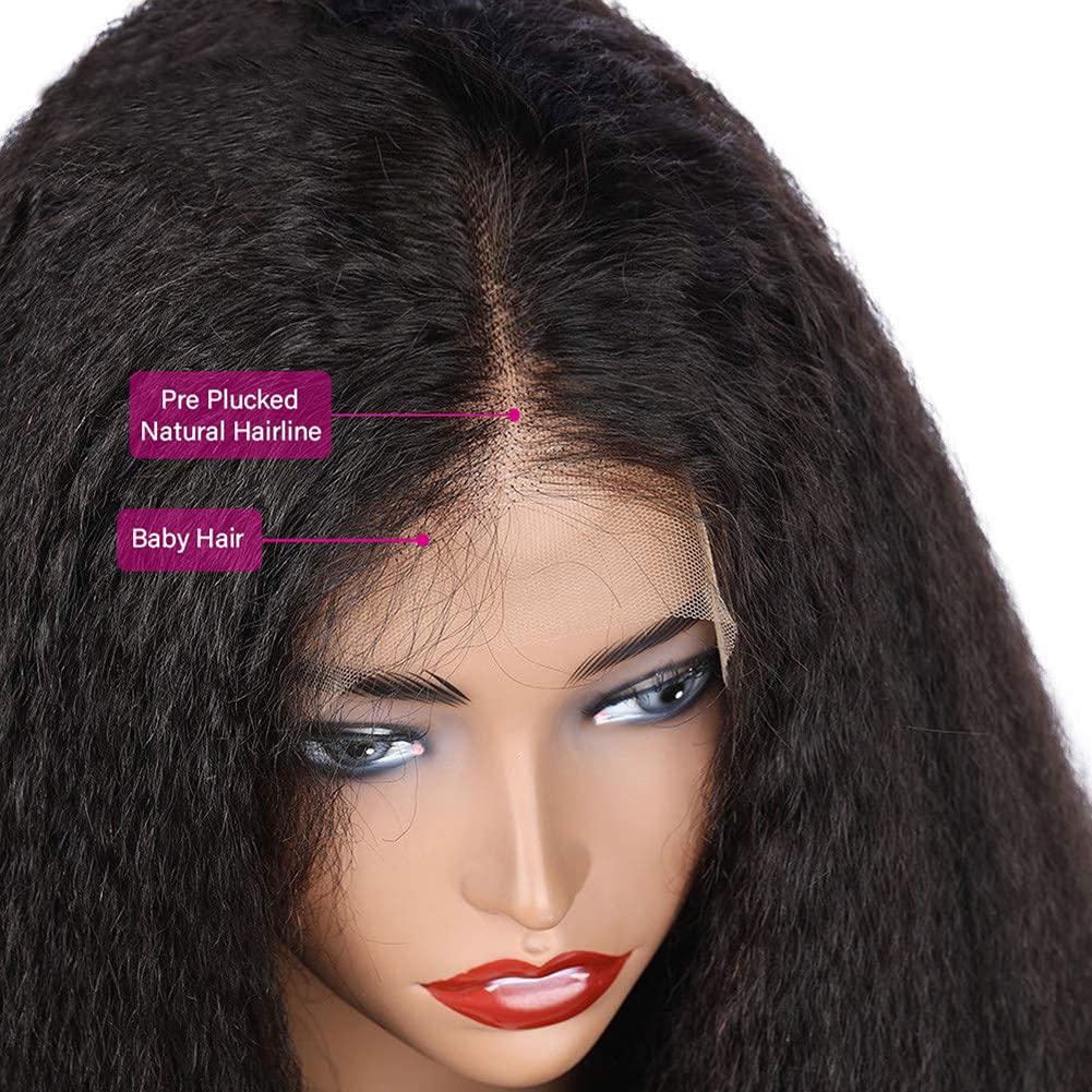 Kinky Straight Wig 13x4 Lace Front Wigs Human Hair for Women，18 inch Glueless Kinky Straight Human Hair Wig Pre Plucked HairLine with Baby Hair,180% Density Yaki Straight Wigs Natural Black Color