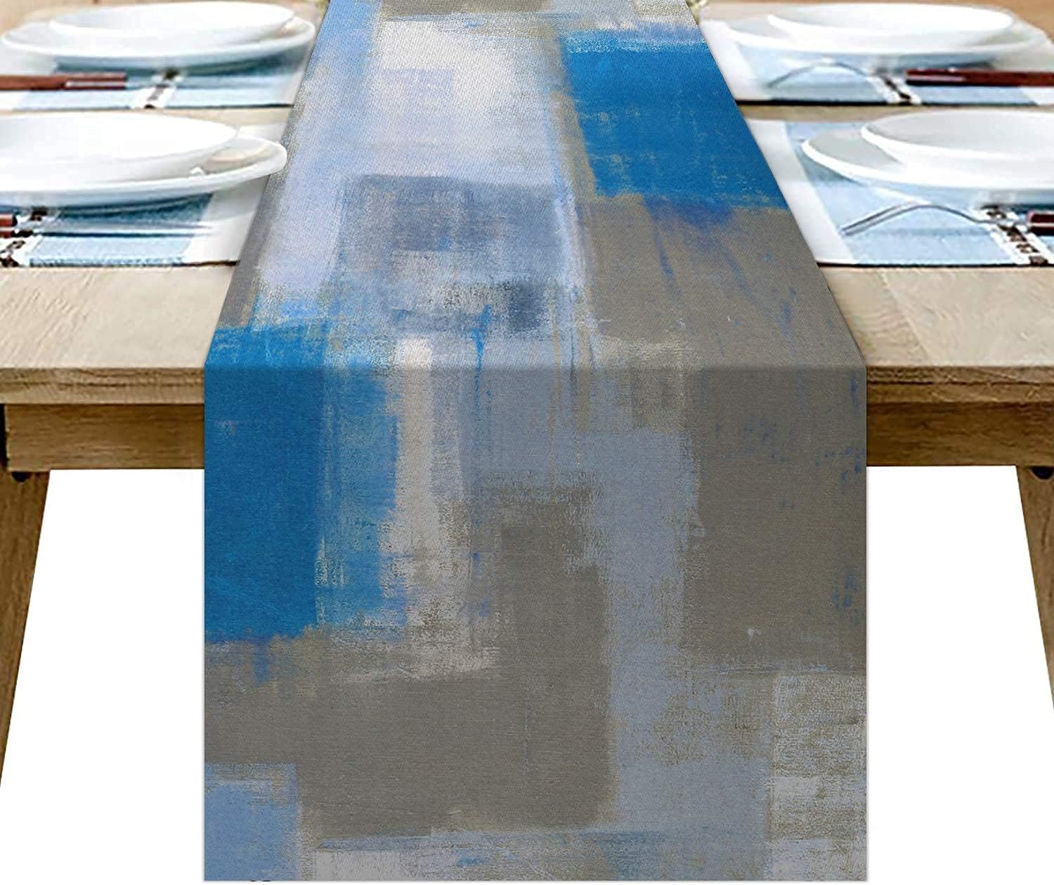 Modern Art Table Runner,Abstract Blue and Grey Table Runner
