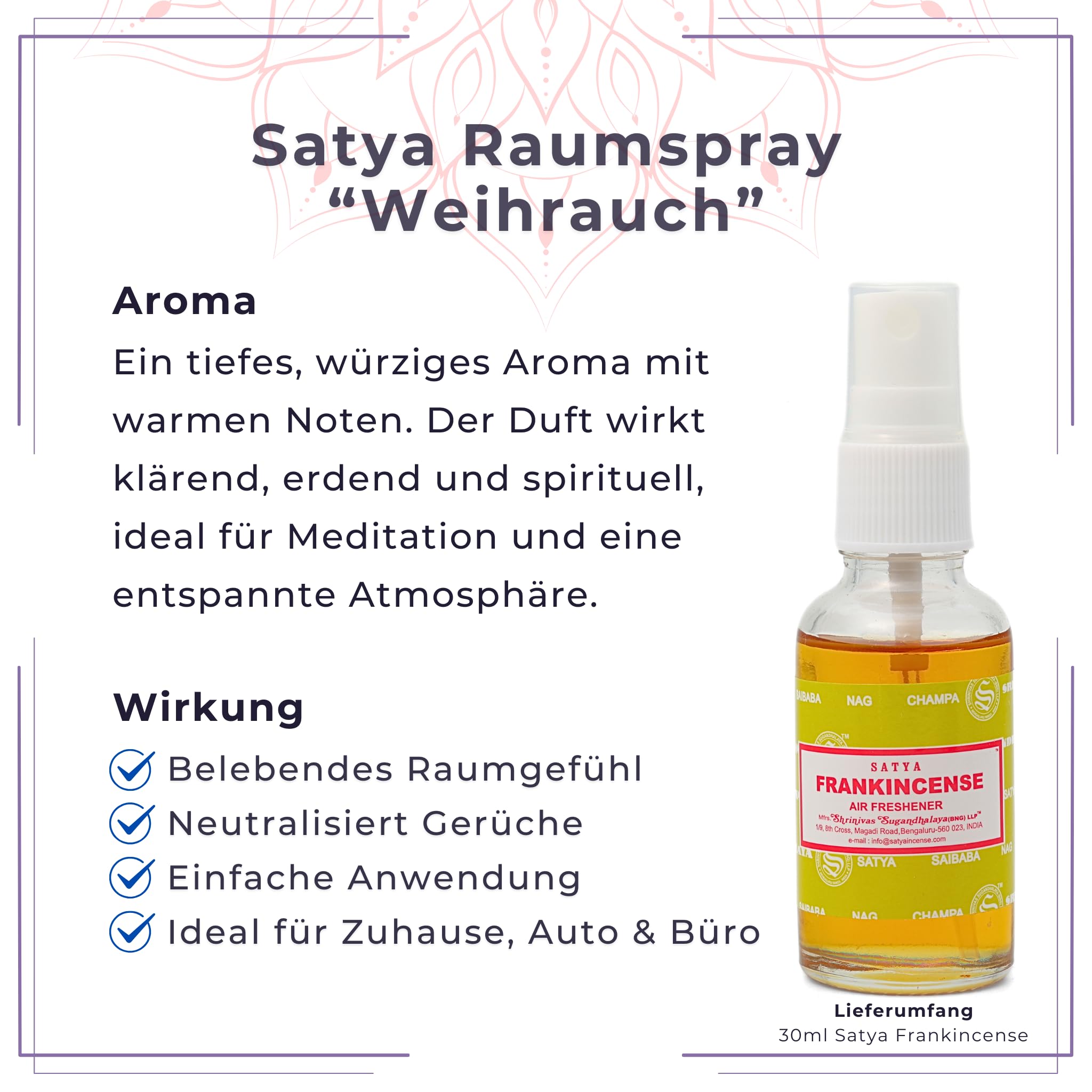 Satya spray zapachowy, olejek zapachowy – naturalne zapachy do aromaterapii, zapach do pomieszczeń, dyfuzor, lampa zapachowa, zapach samochodowy (30 ml, kadzidło)