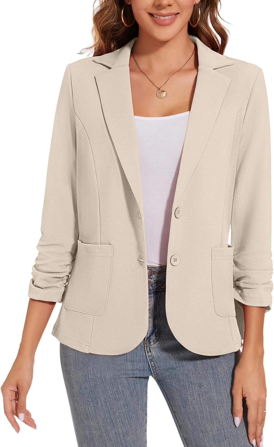 Women's Casual Button Front Blazer Jackets Ruched 3/4 Sleeve Lapel Office Work Lightweight Blazers with Pockets