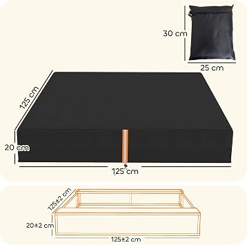 AIYAPLAY Sandbox Cover Square Sandpit Cover Waterproof 125 x 125 x 20 cm | Dustproof UV Protection, Sandbox Canopy, Drawstring and Elastic Band, for Sandpit Furniture and Toys, 420D Oxford Fabric