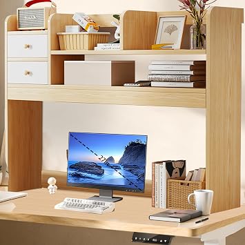 Desktop Bookshelf,Countertop Storage Hutch with 4 Shelves for Dorm Office Home,Wooden Hutch Bookshelf,Computer Bookcase 36.6in Wood Color