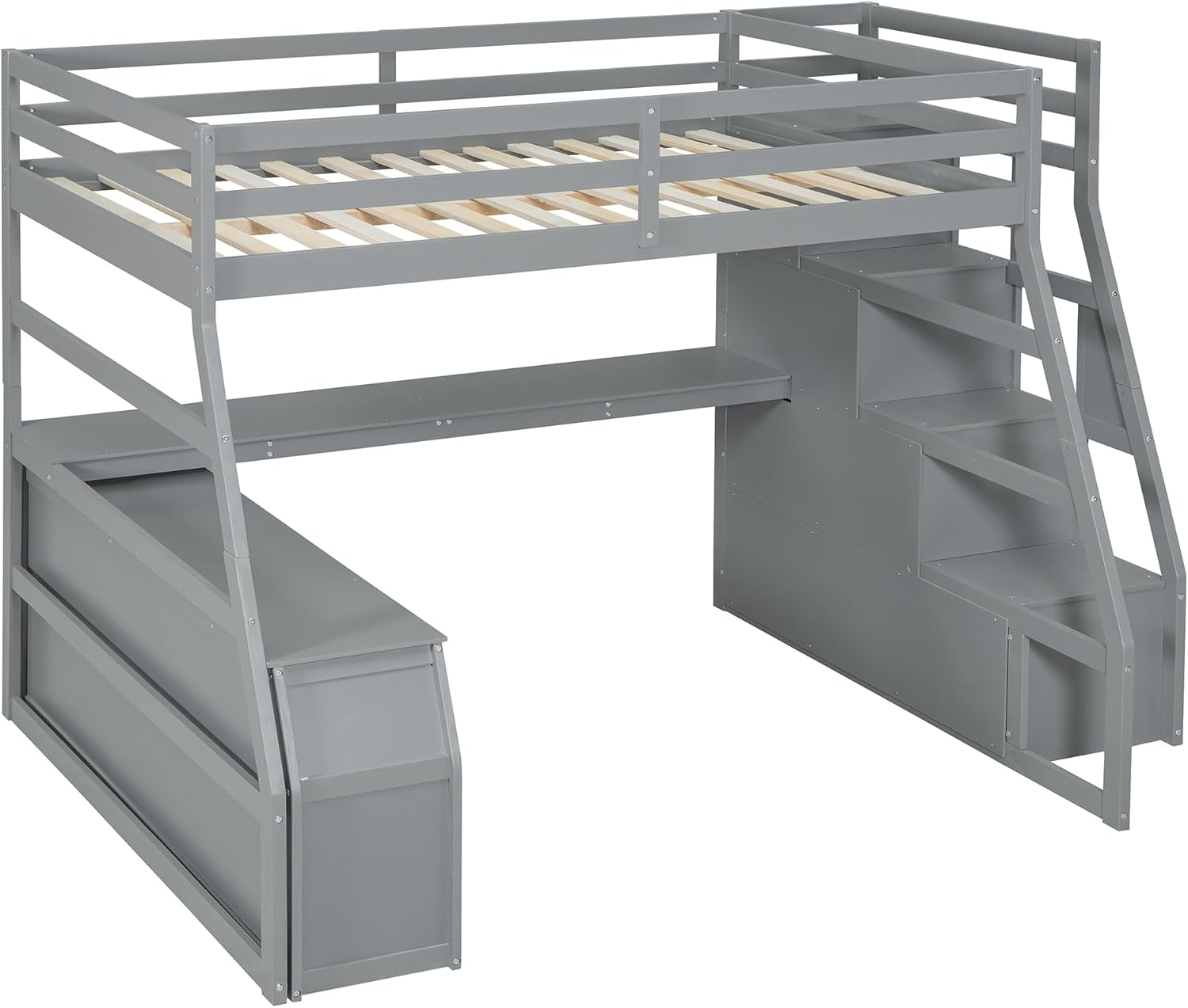 Harper & Bright Designs Full Loft Bed Frame with Desk & Storage Staircase, Wood Full Size Loft Bed with 7 Drawers and 2 Shelves, Full Size Kid’s Loft Bed Study Bed with Staircase (Gray)