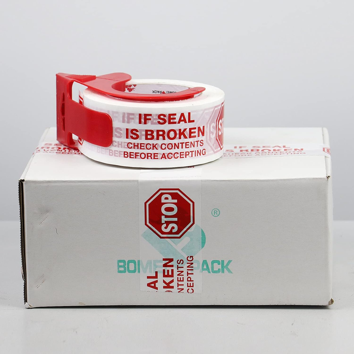 Stop Sign Sealing Tape Pre-Printed " IF SEAL IS BROKEN,CHECK CONTENTS BEFORE ACCEPTING" ,Heavy Duty Packing Tape with Dispenser 2 Inch x 110 Yards,Packaging Tape for Moving and Shipping (White)