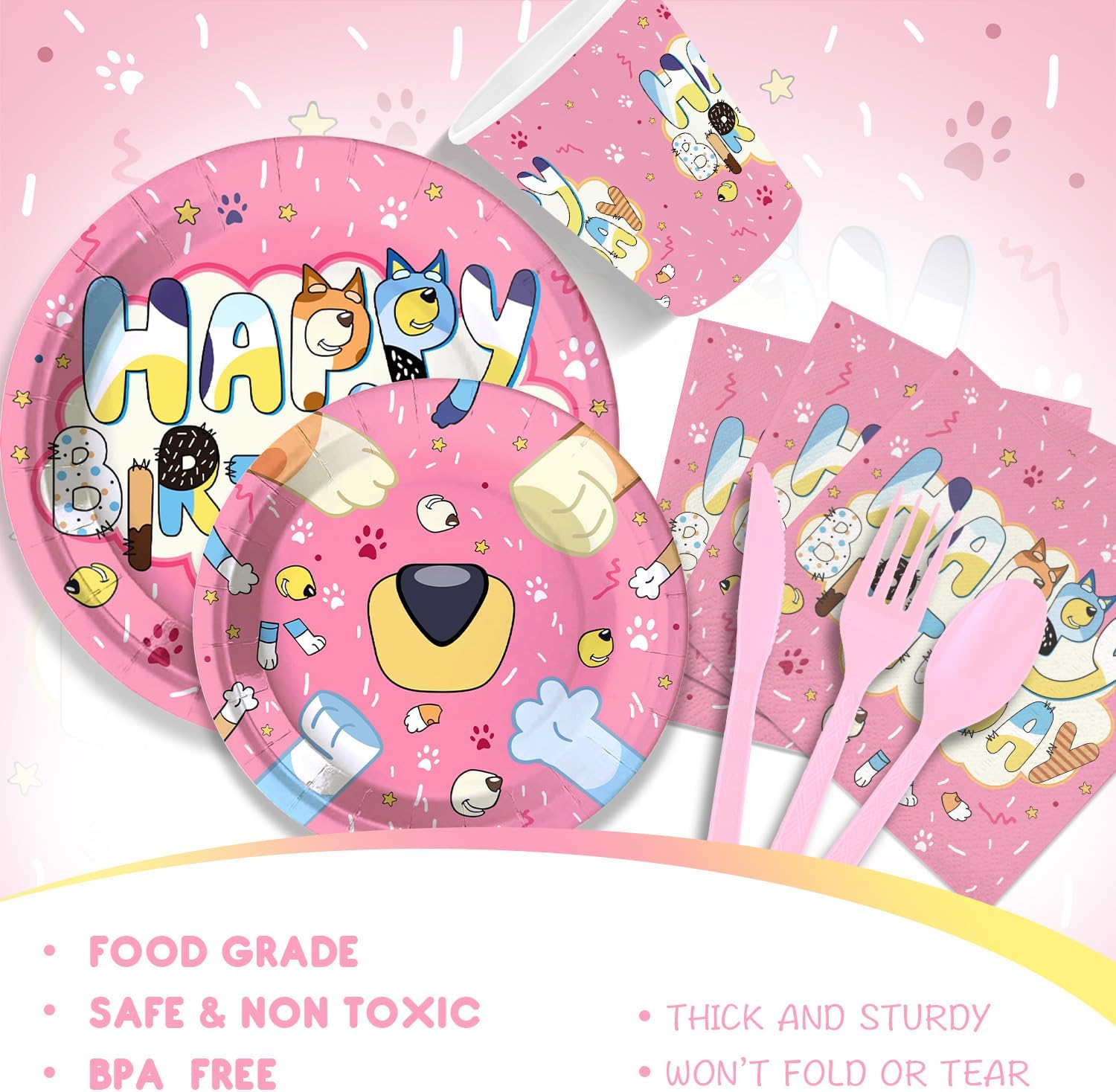 Pink Cartoon Puppy Themed Party Supplies for 24 Guests,Pink Dog Birthday Decorations Disposable Tableware Set With Plates, Cups, Napkins & Cutlery For Kids Child Themed Birthday Party