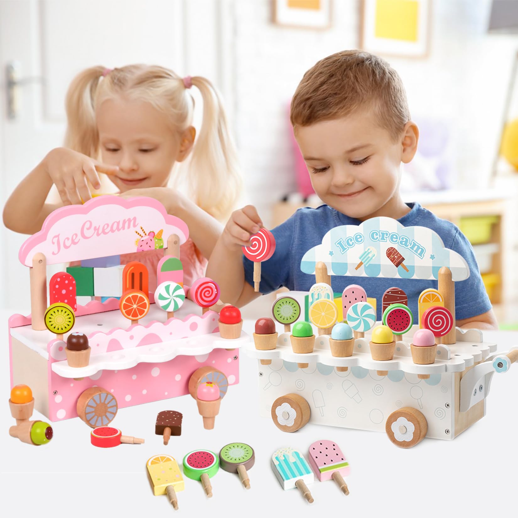 Gelateria Giocattolo Per Bambini In Legno Accessori Da Cucina Per Giochi Ruolo Con Contenitore Legno Per Bambini Dai 3 Anni In Su Giocattoli Didattici Di Natale Regali Compleanno (rosa)