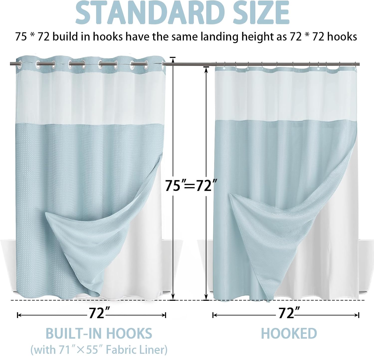 Aqua No Hook Shower Curtain and Liner Set,Hotel Waffle Shower Curtain with Liner 75" L x 72" W