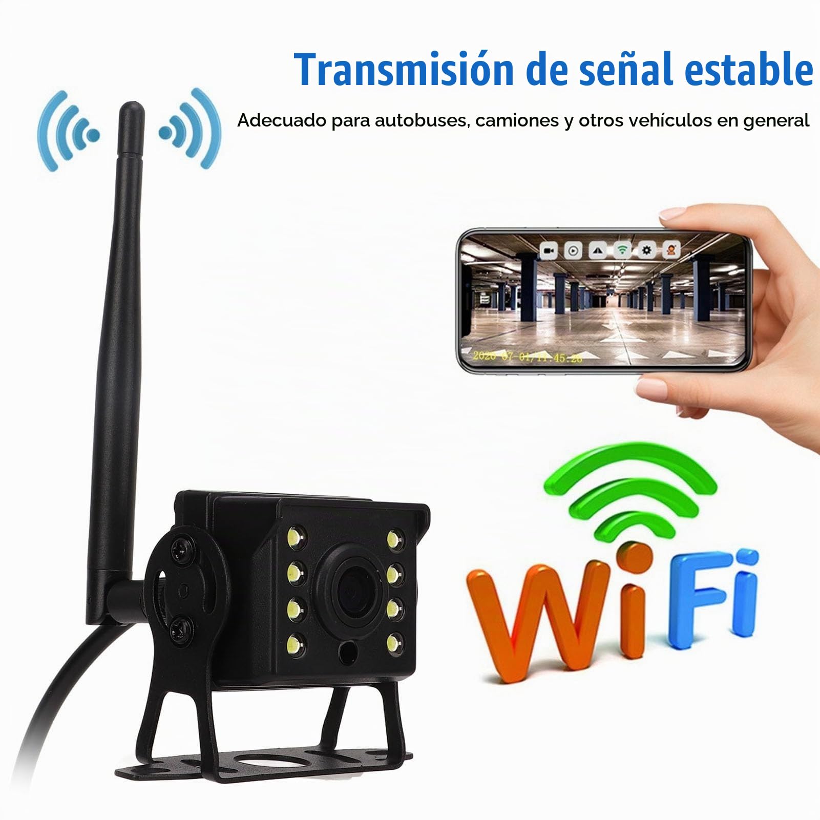 Cámara de Respaldo Inalámbrica WIFI de 12V a 24V HD, Visión Nocturna para Autobús y Camión