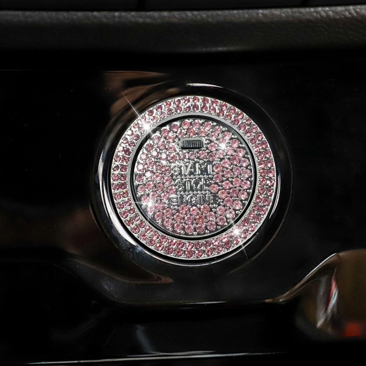 2PCS Bling Crystal Car Engine Start Ring Sticker, Sparkling Rhinestone Key Ignition&Knob Ring, Anti-Scratch Push Start Button Cover, Universal Auto Interior Decorative Accessories(Pink)