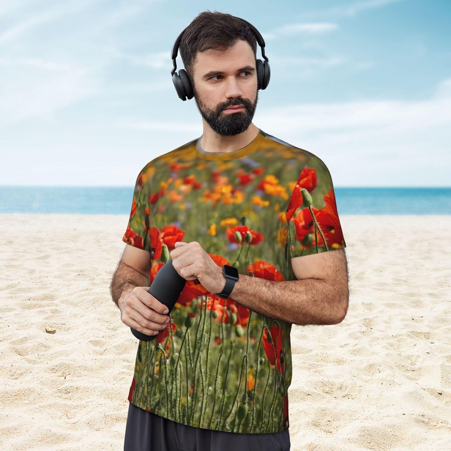 Poppy Flowers Print Mens Short Sleeve Mesh T-Shirt Breathable Athletic Gym Running Casual Sports Wear