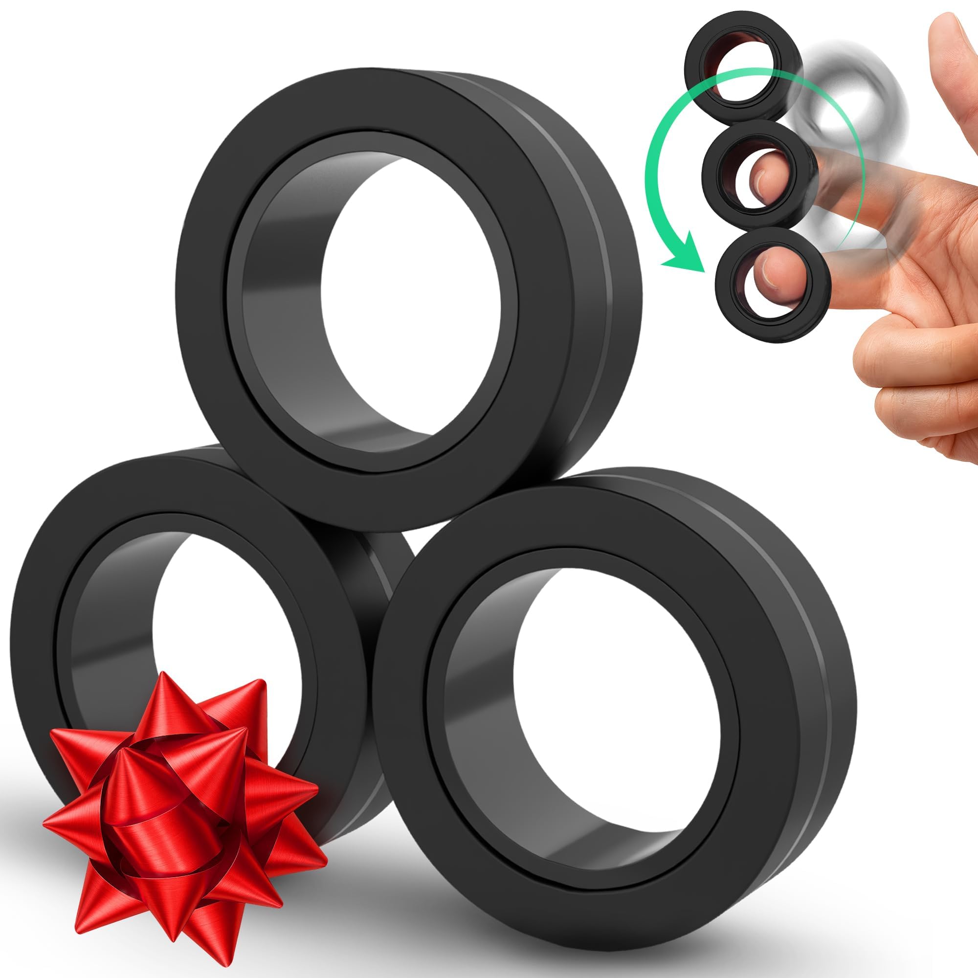 BUNMO Magnetic Rings Stocking Stuffers for Teens - Fidget Toys Adults - Stocking Stuffers for Boys - Magnetic Fidget Rings - Improved Stronger Magnets - Great Teen Gift - Black