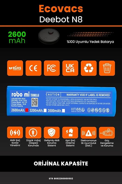 Ecovacs Deebot N8 Uyumlu 2600mAh Robot Süpürge Bataryası - Orijinal Kapasite