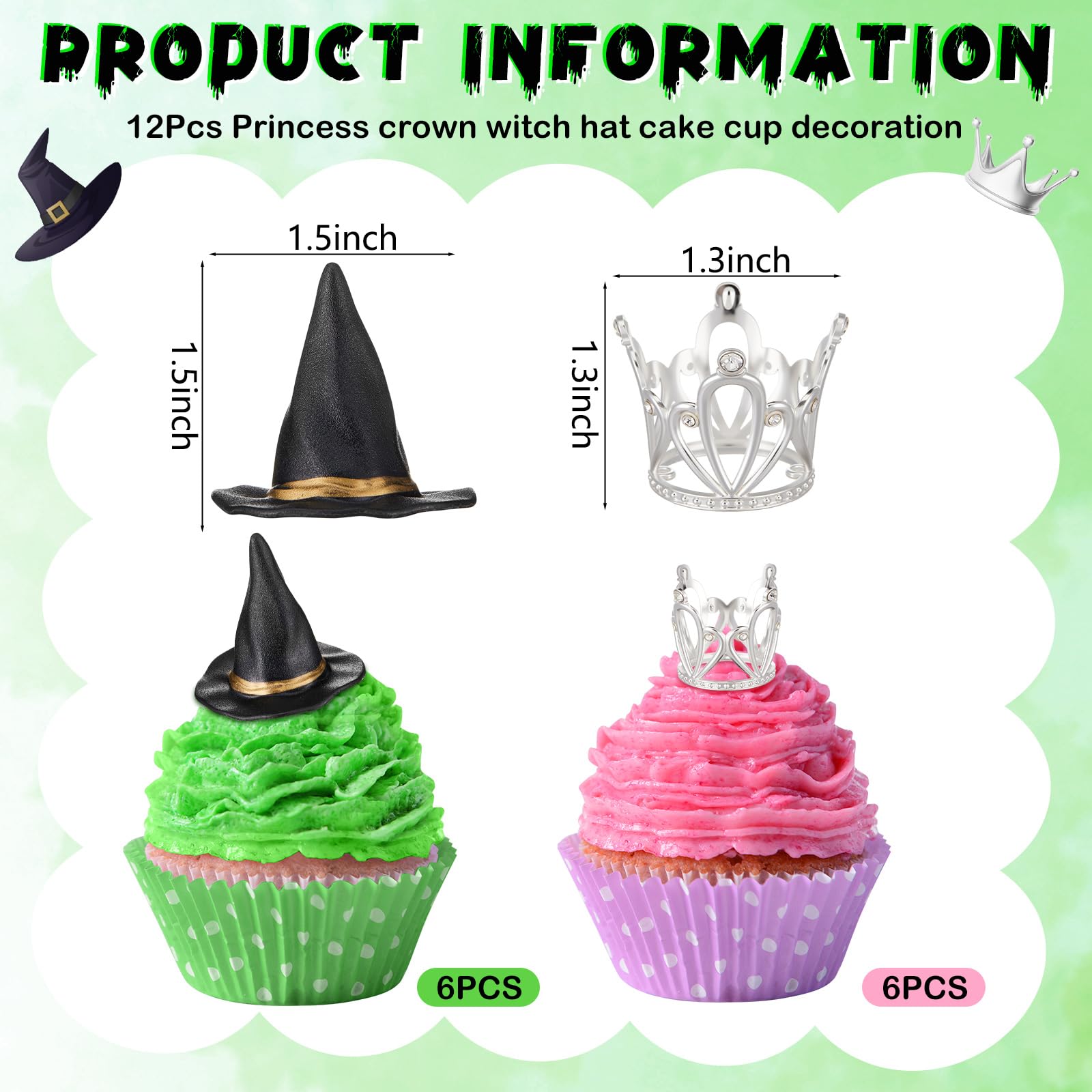Geelin 12 Pcs Witch Hat Cupcake Topper Crown Tiara Cupcake Topper Dessert Food Safe Cake Decorations for Cakes Birthday's Celebrations Princess Themed Party Decorations