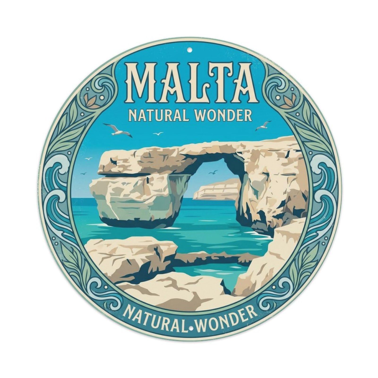 Vintage Travel Malta Azure Window Metal Tin Sign Plaque Wall Decor for Cafe, Club Bar, Office, Home Garden Round Metal Poster 8x8Inch