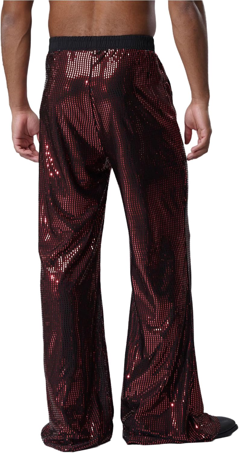 Moily Adult Men Holiday Dude Costume Sparkly Holographic Party Pants Cowboy Costume Bell Bottom Trousers