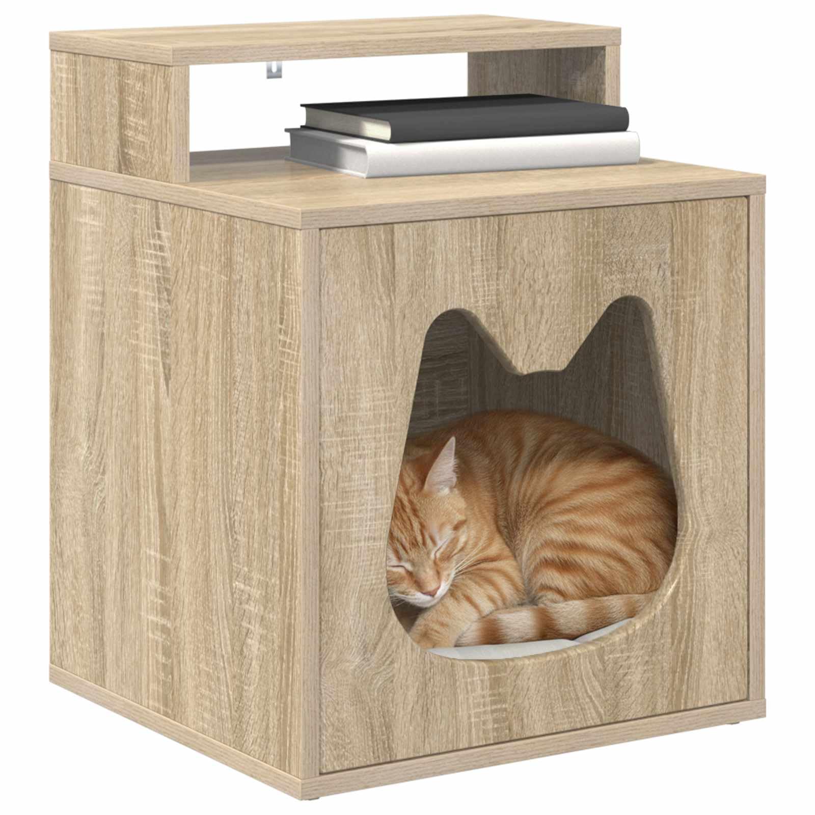 Casa para gatos Sonoma de madera de 42,5 x 40 x 53,5 cm, rectangular, cueva para gatos interior, con kit de montaje, estable, duradera, para salón, árbol de escalada, repuesto y espacio de