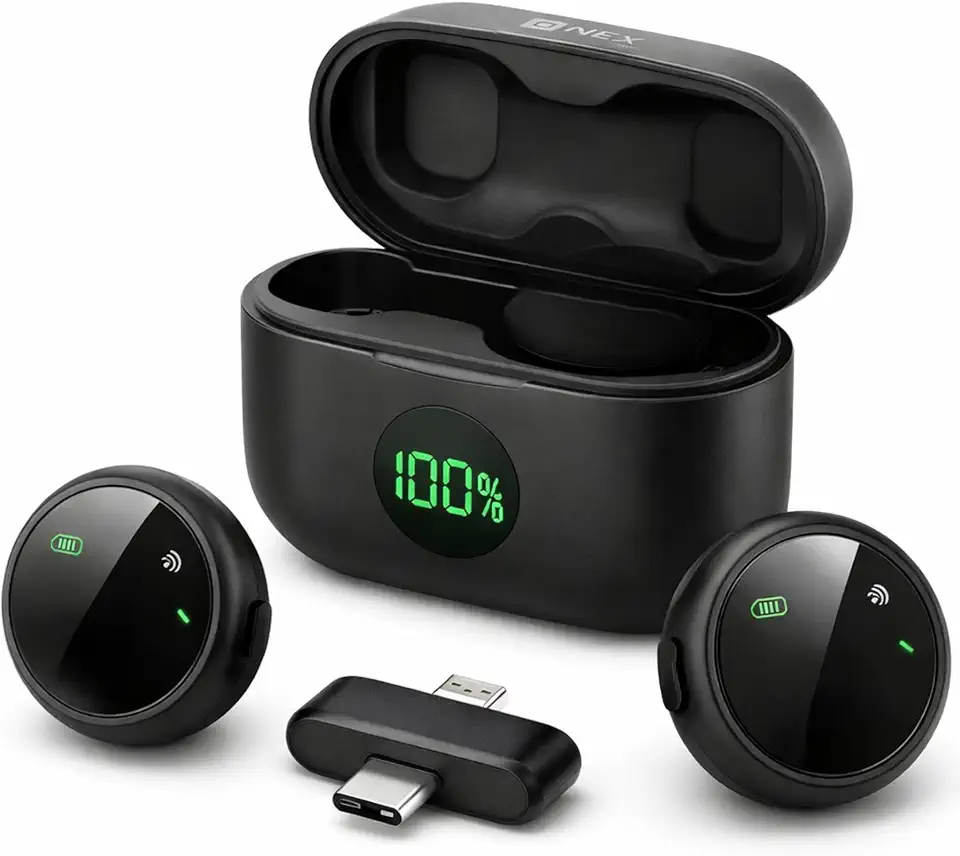 Kit 2 Microfones de Lapela Profissional Com Ímã Sem Fio, Case de Carregamento, Bluetooth, Cancelamento de Ruído,12h Tempo de Trabalho, Compatível com Camera, iPhone, Android e USB-C