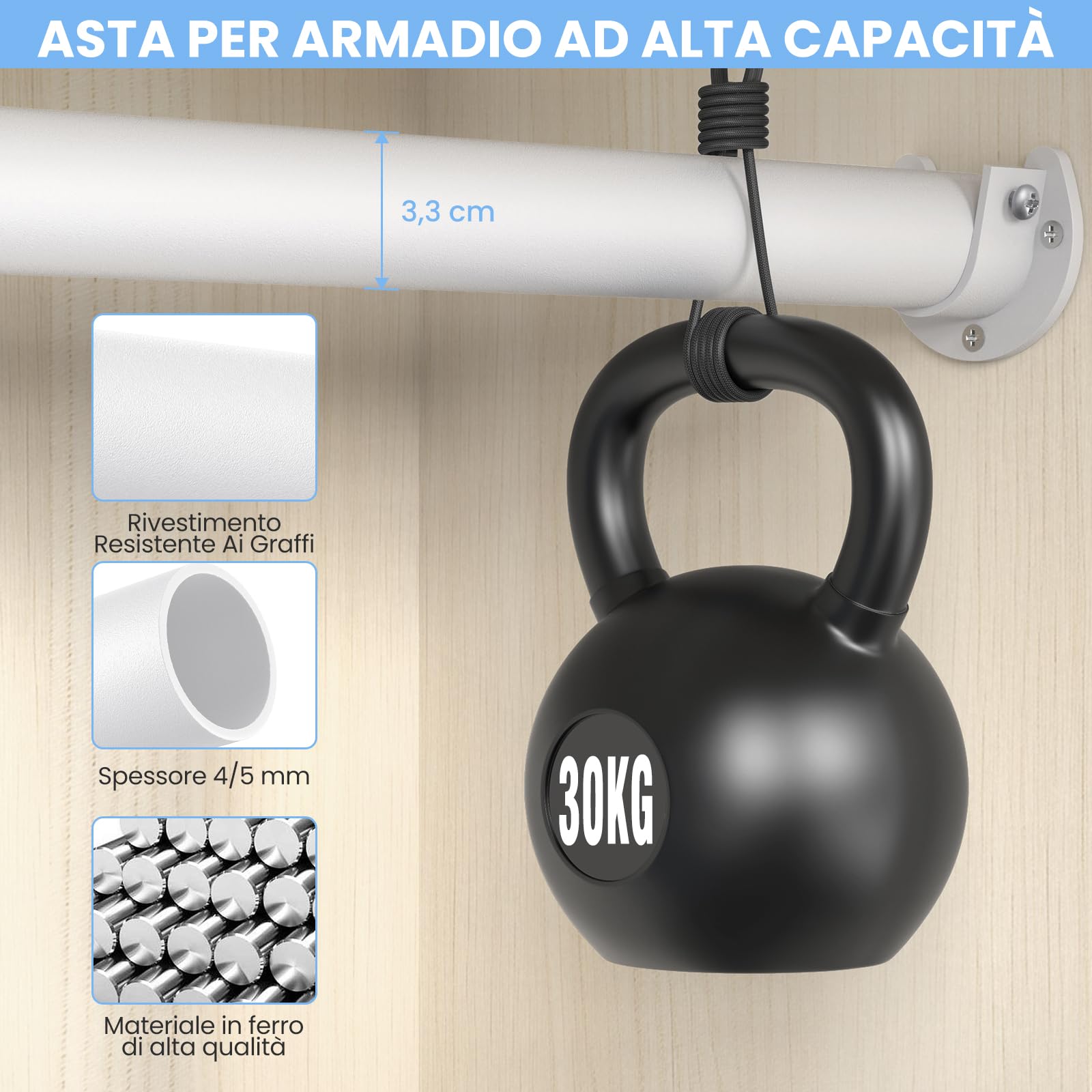 Barre per Armadio per Appendere i Vestiti, Asta Appendiabiti Senza Scalini da 43 a 135 cm, Barra Appendiabiti in Metallo con Diametro di 3,3 cm per Armadi, Lavanderie, Bianco