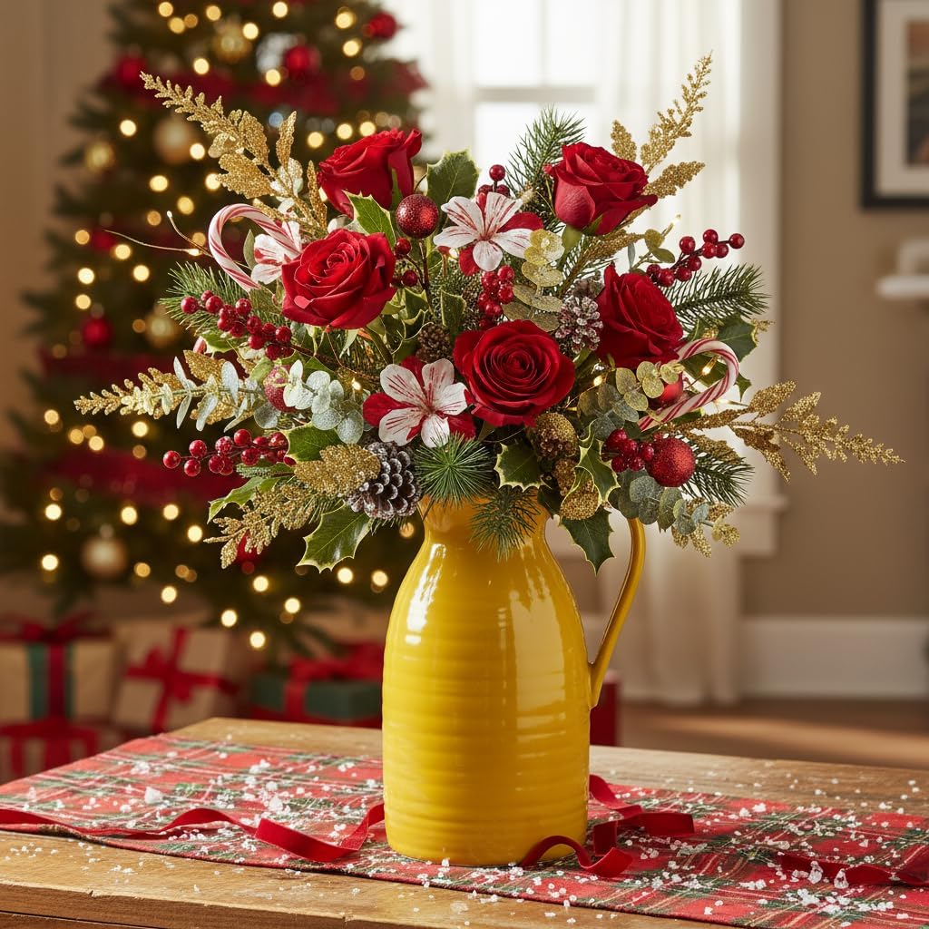 hjn Farmhouse Pitcher Vase for Flowers- Decrative Pitchers White Ceramic Pitcher Yellow Vase for Your Kitchen/Home Decor/Office/Living Room/Bookshelf/Mantel/-Yellow - Image 7