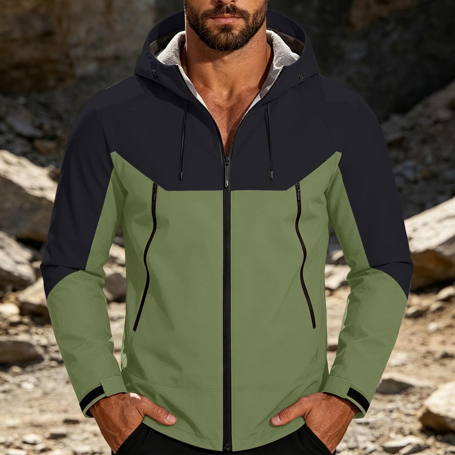 Mens Hooded Windbreaker Jacket Long Sleeve Color Block Waterproof Coats Fall Winter Warm Outdoor Travel Outerwear