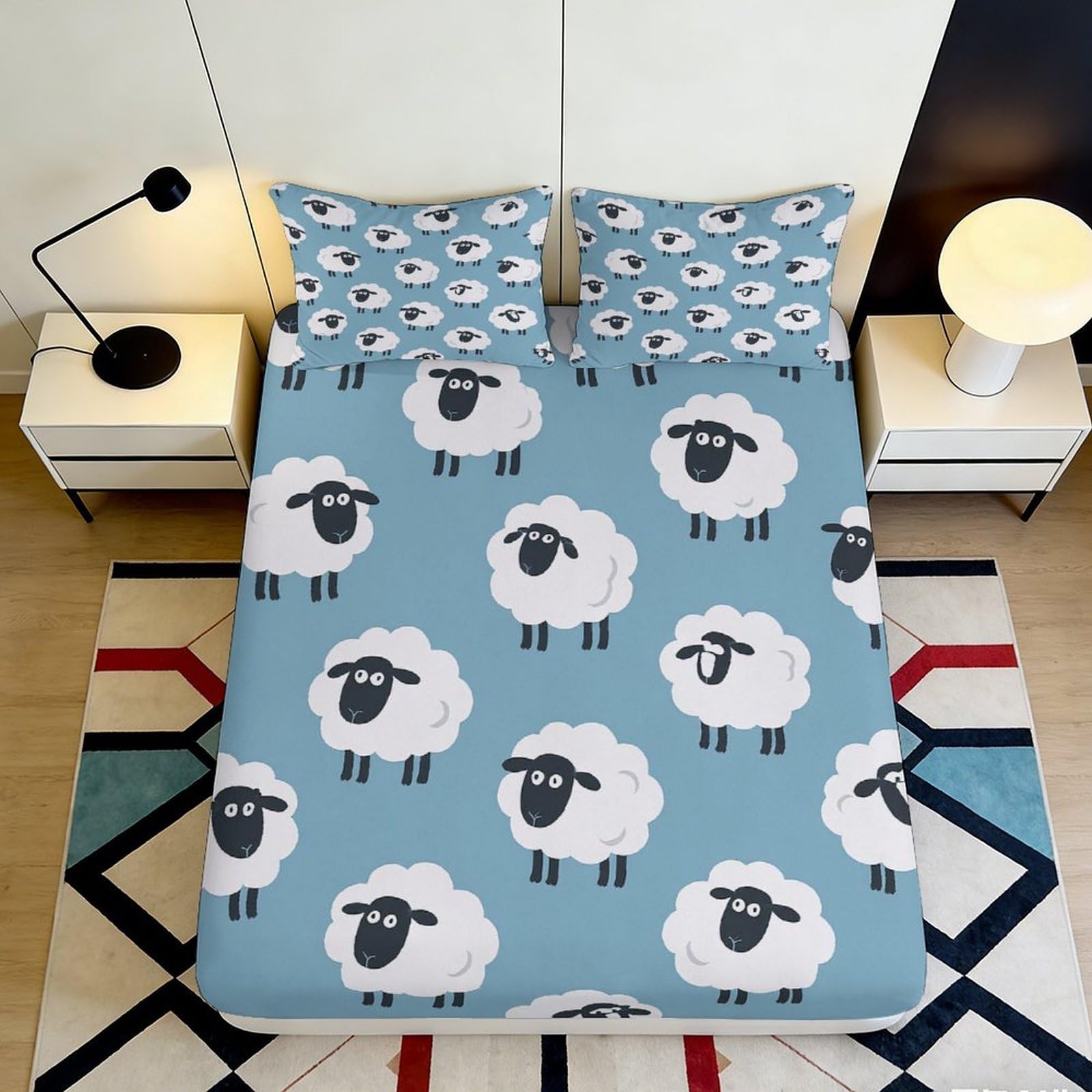 3D Printed Cute Sheep Fitted Sheet Microfiber Soft Breathable Cartoon Sheep Bed Cover for Bedroom Dormitory Guest Room Mattress Protection Decor 160x200x25cm