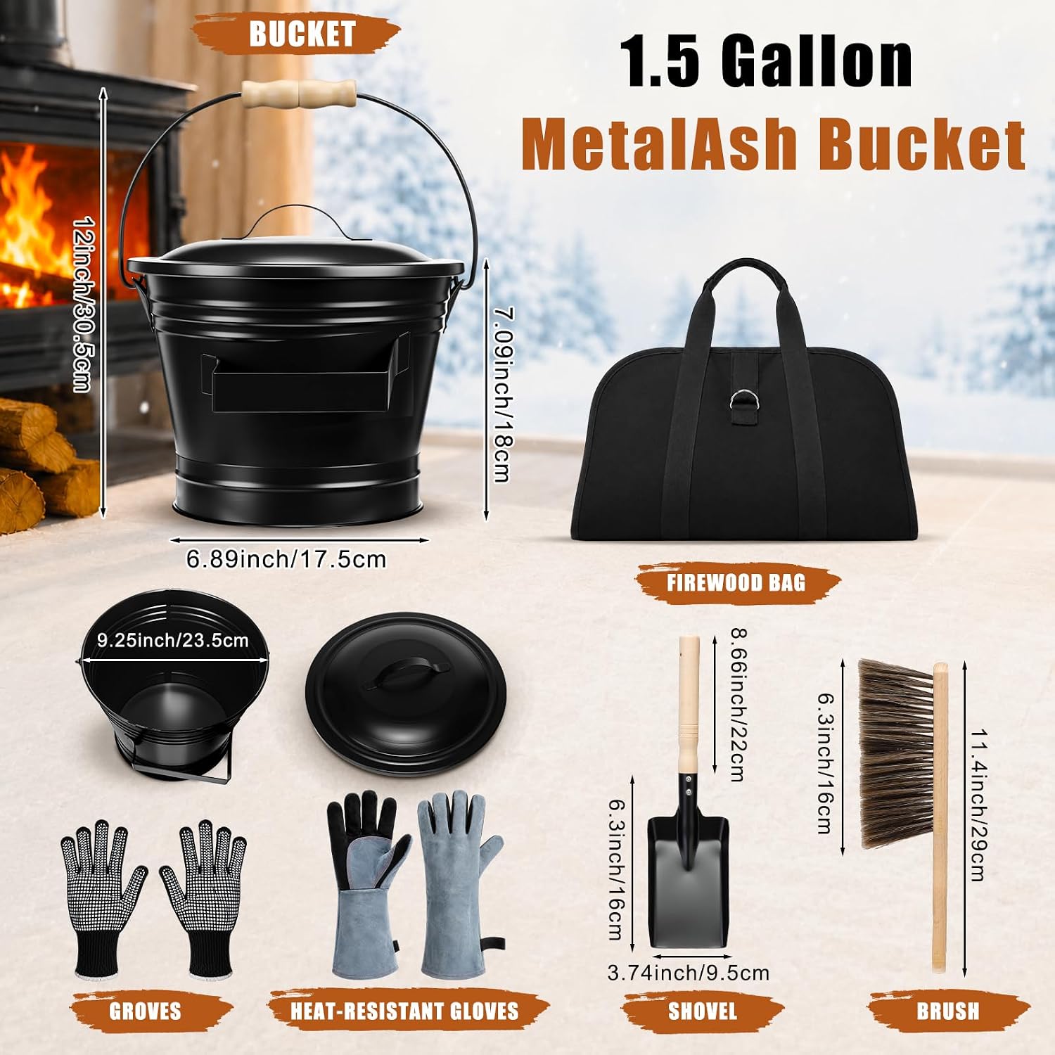 Patelai 6 Pcs Fireplace Cleaning Tool Set, Fireplace Ash Bucket Carrier Bag