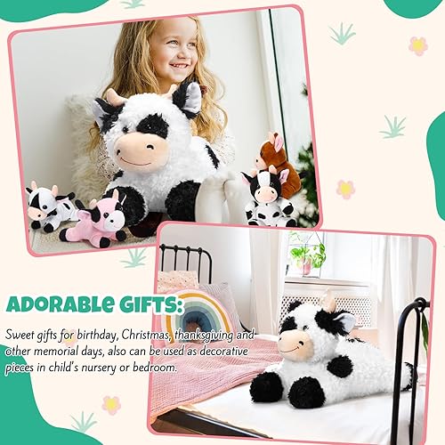 Miniatura 7 de Shappy Juego de 5 animales de peluche de vaca, 1 animal de peluche de vaca mamá con 4 vacas de peluche en su barriga, juego de peluche suave para