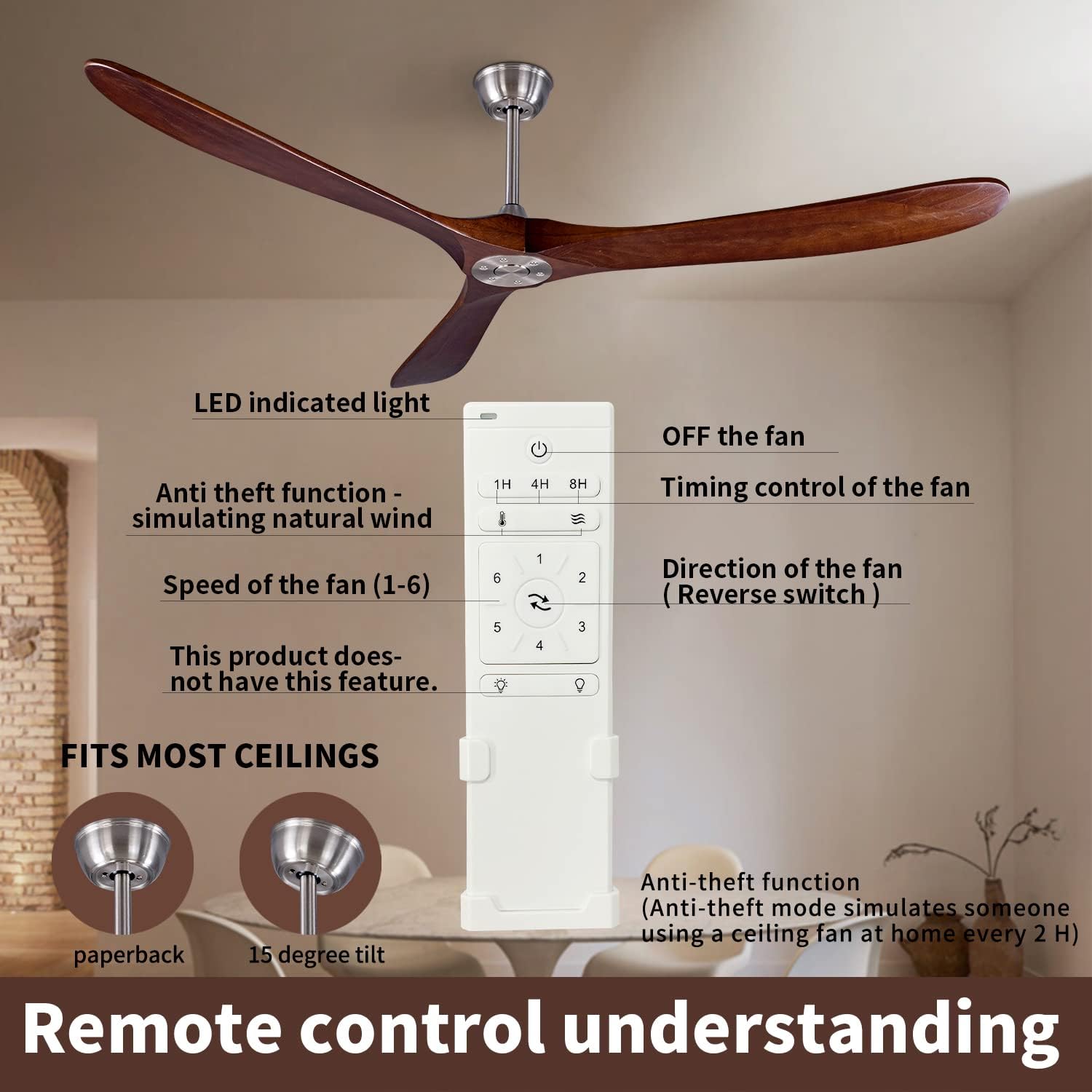 70" Indoor/Outdoor Wood Ceiling Fan, 3 Blade Kitchen Ceiling Fan with Remote Control, 2 Downrods, Reversible DC Motor 35W Quiet Energy Saving