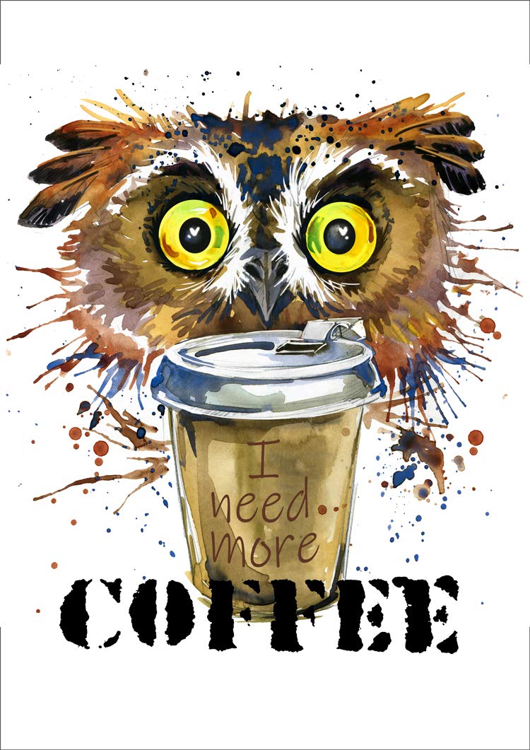 7Dots ArtOwl and coffee. Watercolor art print DUAL size A4 adjustable to 8"x10" on Fine Art thick Watercolor paper for living room, bedroom, kitchen. Wall art decor poster.
