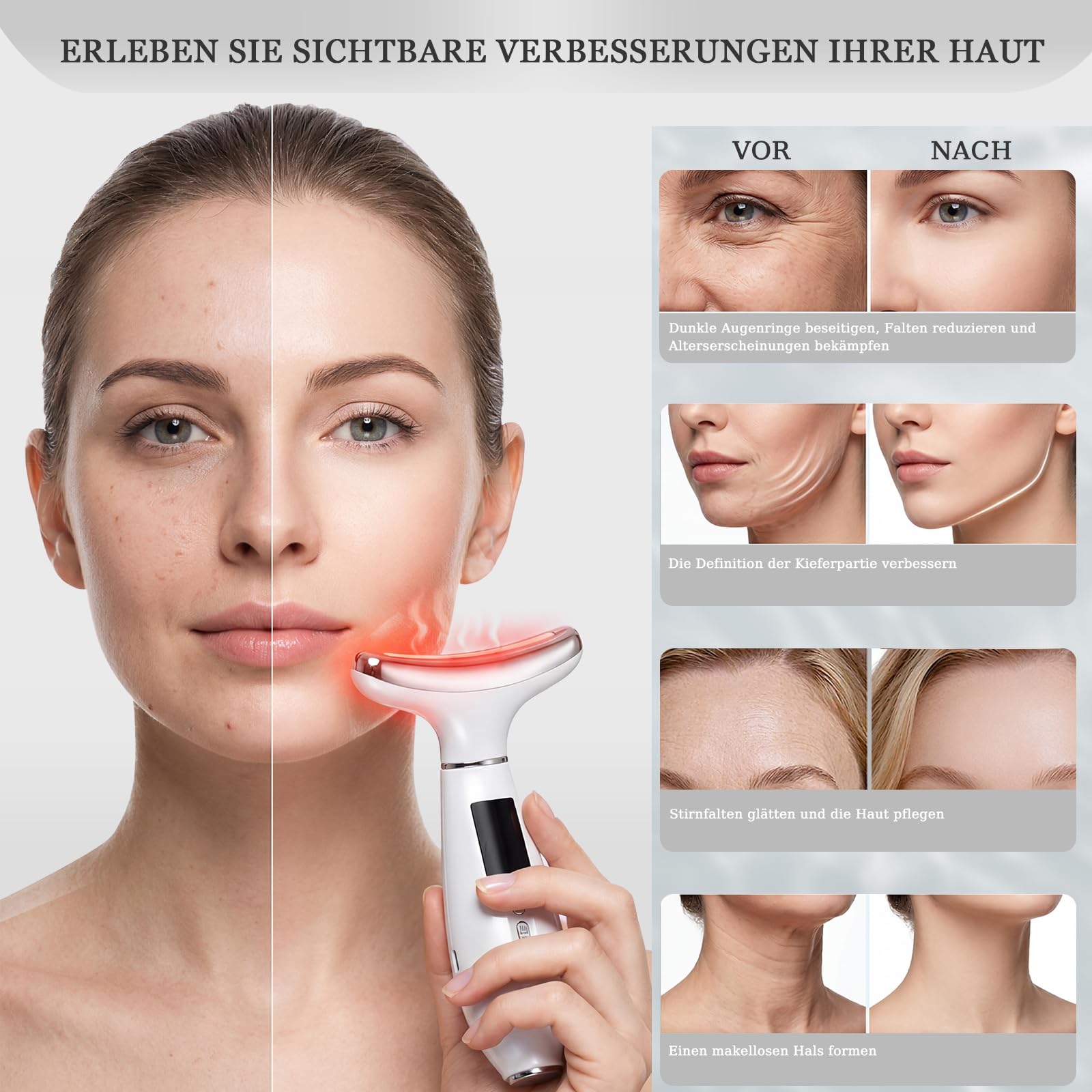 Gesichtsmassagegerät, EMS Gerät Gesicht gegen Falten, Face Massager mit 5°C Kühlung & 45°C Wärme, 6 Modi, 7 Farben LED Lichttherapie, Face Lifting Gerät für Gesicht & Hals Straffen - Weiß