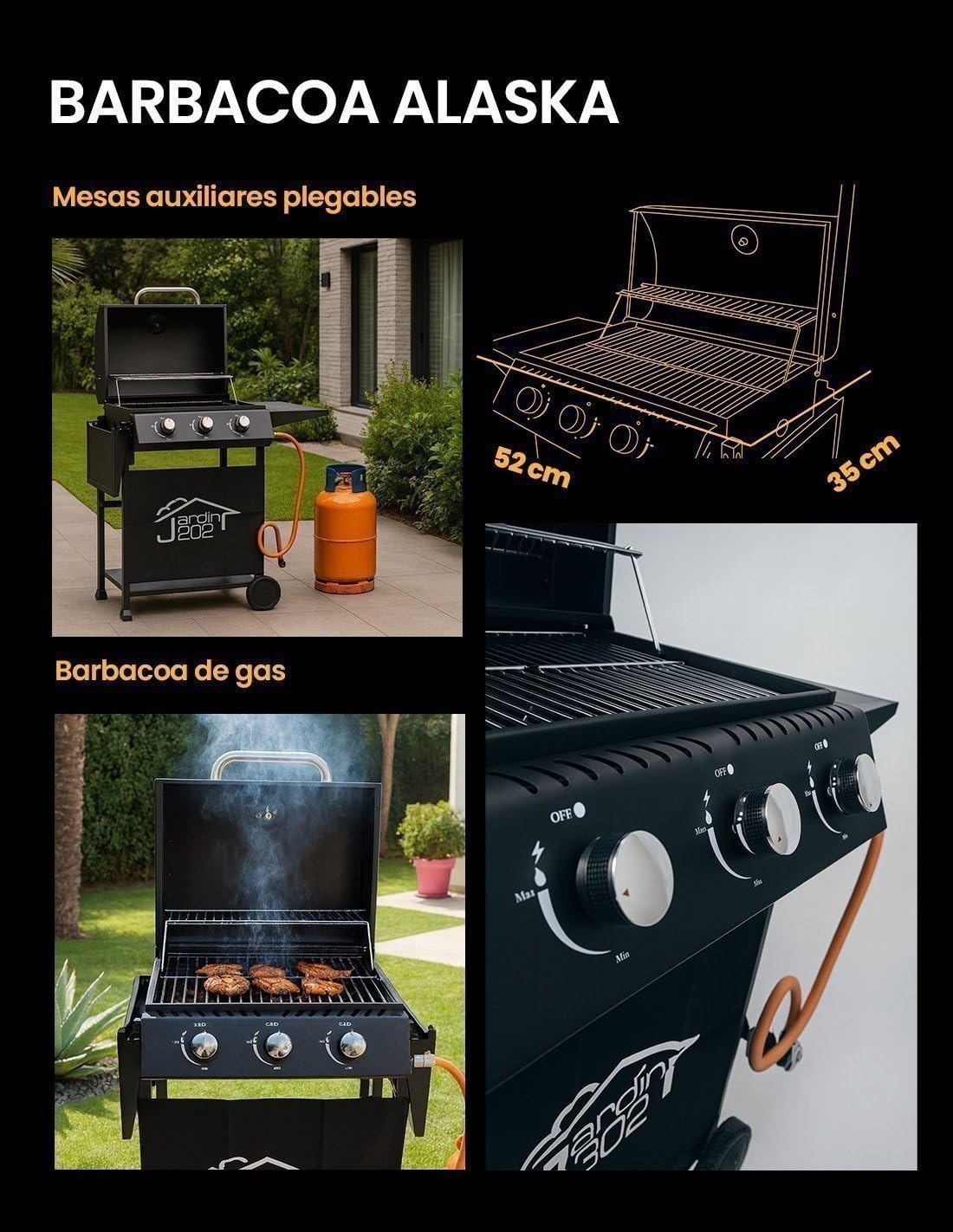 JARDIN202 - Barbacoa Gas Alaska 3 Quemadores | Parrilla Gas con Tapa y Ruedas | Termometro | Mesas Auxiliares Plegables | (Negro)