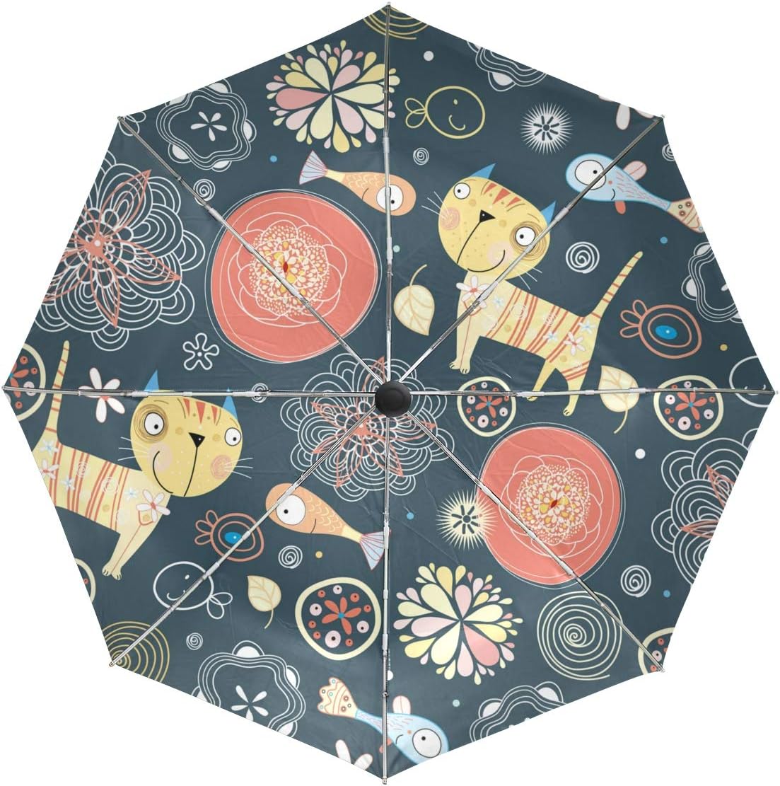 HappyCAT Cartoon Cute Cat Fish Windproof Automatic Folding Travel Umbrella, Creative Animal Pattern Childish for Kids Compact Auto Open and Close Umbrella with UV Protection 5020597