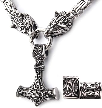 GUNGNEER Thor Hammer Pendant Viking Mjolnir Necklace for Men with Wolf Head Square King Chain, 316L Stainless Steel, 2x Runes Bead Gift