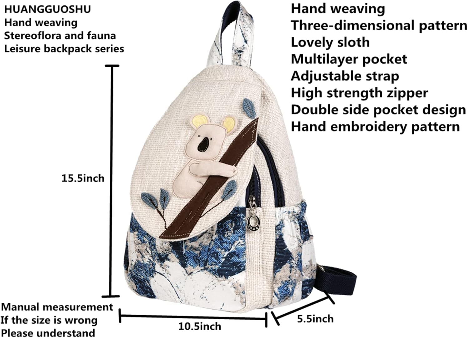 HUANGGUOSHU Boho and Bohemian Small Canvas Backpack Purse for Women - Adjustable Carry Sling Bag, Embroidered and Woven Tapestry Patterns Brown Bear - Image 7