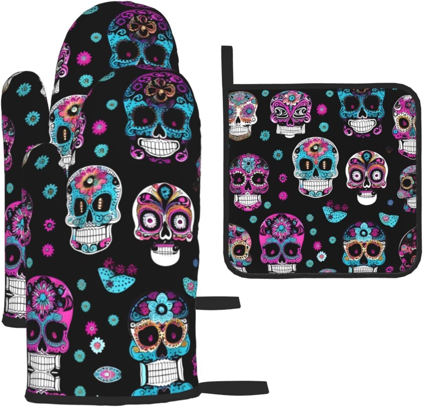 Colorful Skulls Print Print Heat Resistant Microwave Gloves, Used for Baking, Cooking, and Fashion Kitchen Essentials
