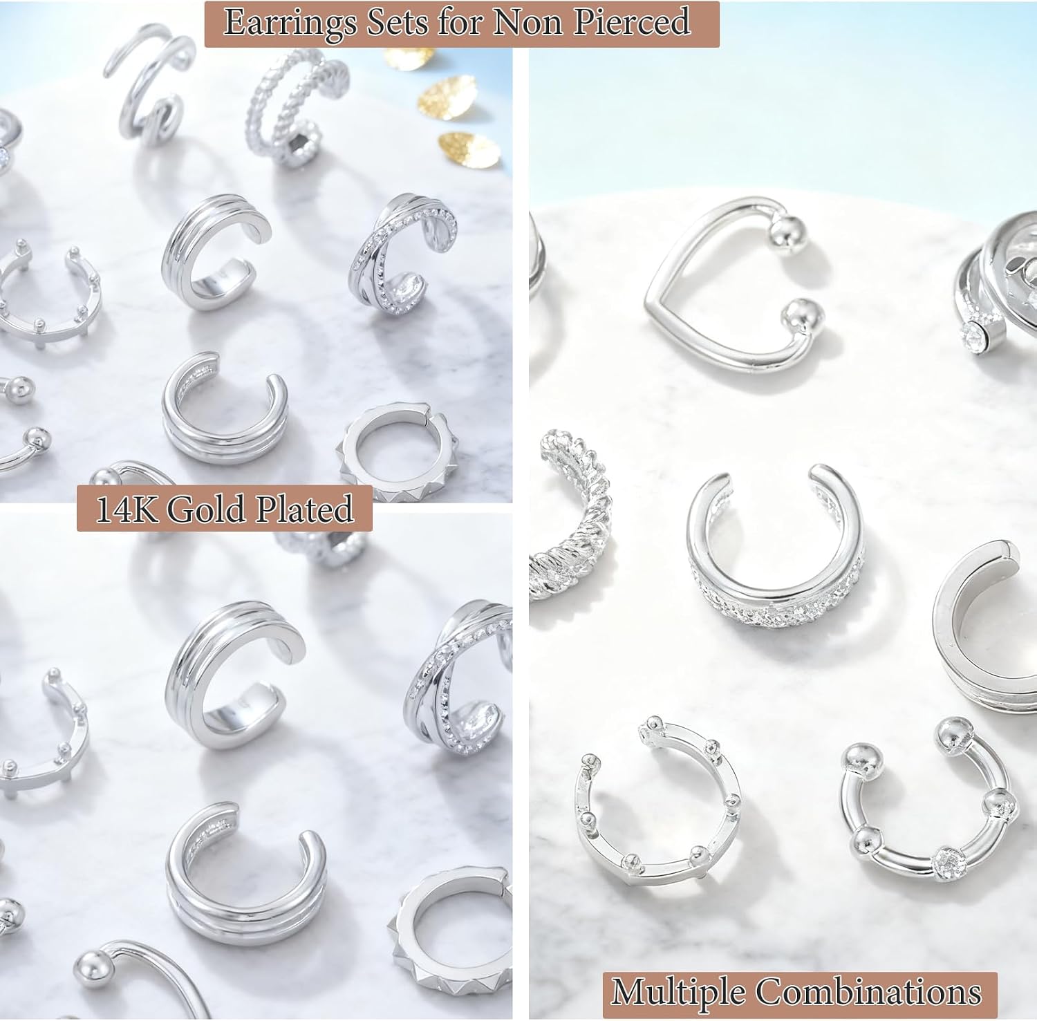 10 Pcs Gold Plated Ear Cuff Earrings for Women Non Pierced, Hypoallergenic Fake Hoop Earrings Ear Clips Set with Diamonds Lightweight