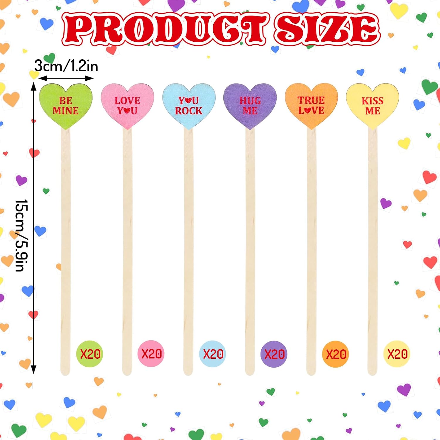 JarThenaAMCS 120Pcs Valentine's Day Coffee Stirrers Pastel Conversation Heart Stir Sticks Wooden Drink Stirrers Disposable For Home Office Bar Restaurant Party Supplies