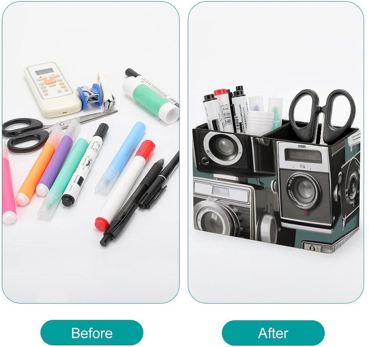 Leather Pen Holder for Desk Organizer Retro Cool Camera Collection Pencil Holder 2 Slots Cute Pencil Cup Decorative Makeup Brush Holder Cup Office Pen Cup Desk Accessories Pen Organizer image 3