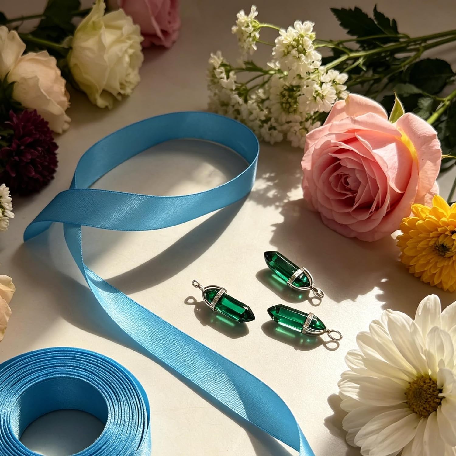 24. Soothing Floral Arrangement Supplies with Sky Blue Streamers and Refreshing Green Crystals for Wellness Arrangements