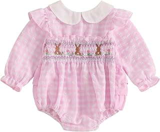 Infant Baby Girl Outfit Newborn Bow Bubble Romper Long Sleeve Embroidery Jumpsuit Cute Smocked Clothes