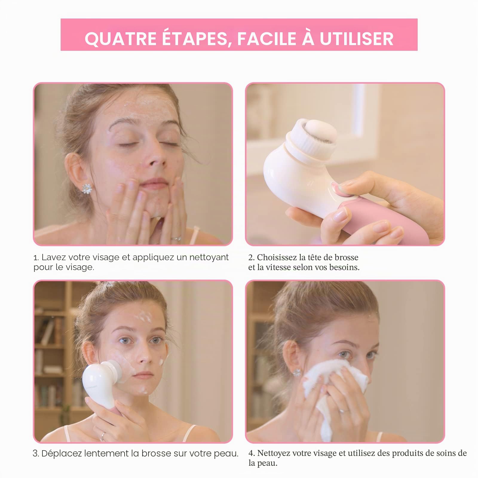 TOUCHBeauty Brosse Nettoyante pour le Visage, Nettoyant Électrique pour le Visage avec 3 TêTes de Brosse Nettoyante pour L'Acné, les Points Noirs, la Peau Morte, le Nettoyage en Profondeur, Rose