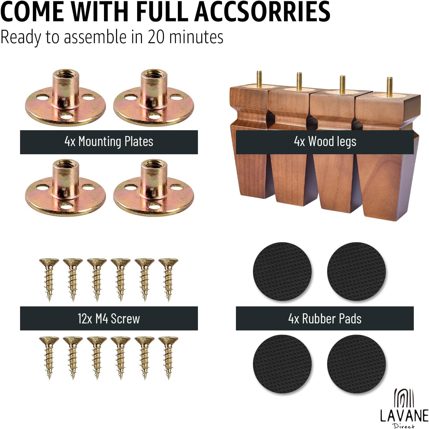 La Vane 8 inch Solid Wood Furniture Legs with Mounting Plates - Set of 4, Mid-Century Modern Pyramid Tapered Legs for Sofa, Chair, Ottoman, Table - Walnut Replacement Feet