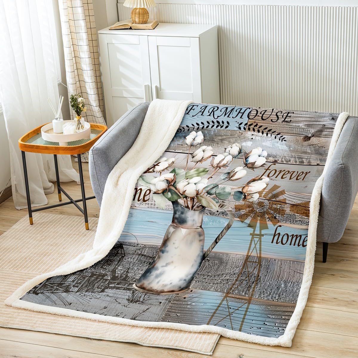 Erosebridal Farmhouse Fleece Blanket Country Floral Cotton Flower Blanket,Rustic Wooden Plank Cottage Lodge Cabin Throw Blanket Garden Windmill Decor 50"x60",Retro Barn House Room Decor,Grey Blue