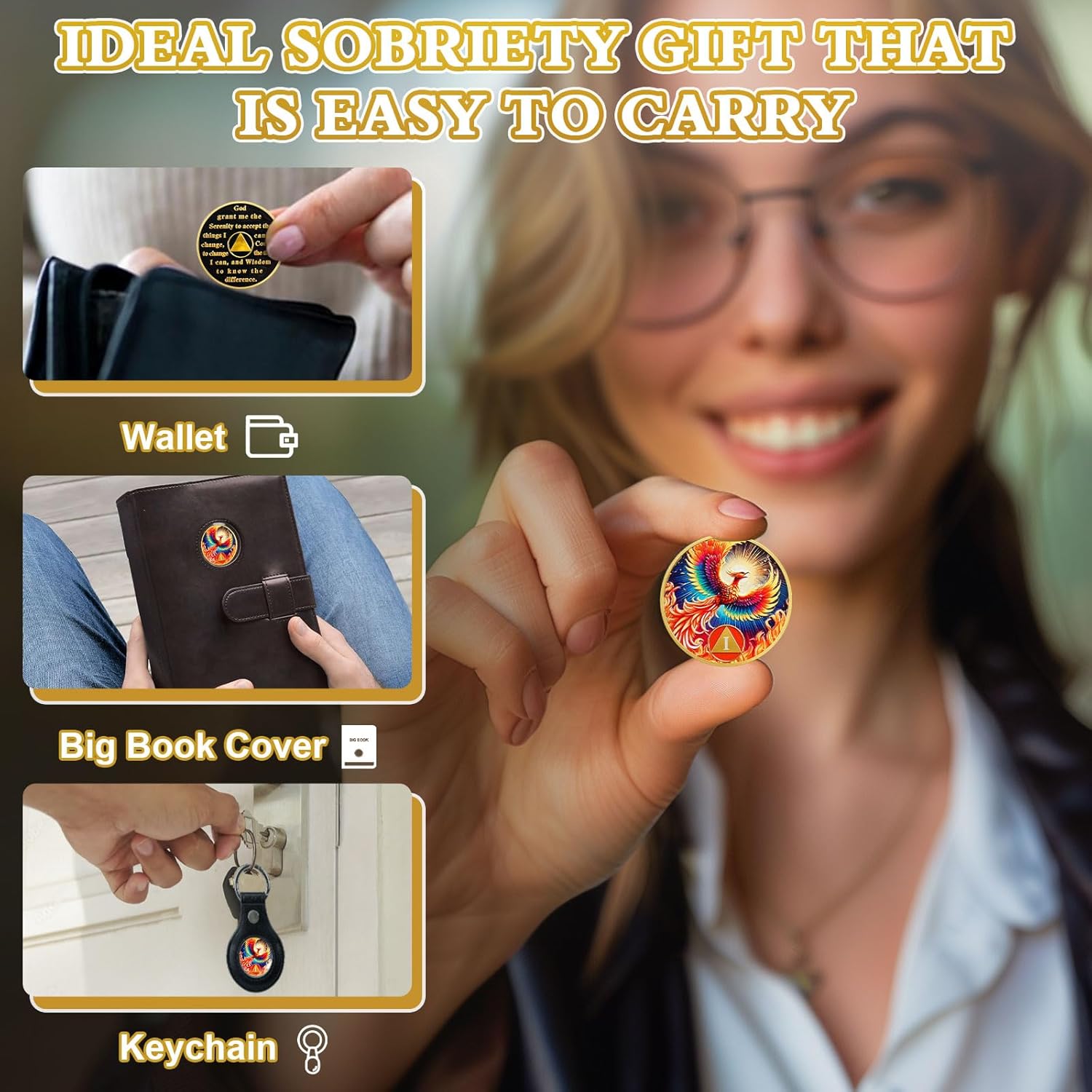 Phoenix of Light 1 Year Sobriety Coin, Rebirth in Fire AA Coin - Addiction Recovery One Year Sober Medal with Token Capsule, Alcoholics Anonymous Sobriety Gifts for Men and Women