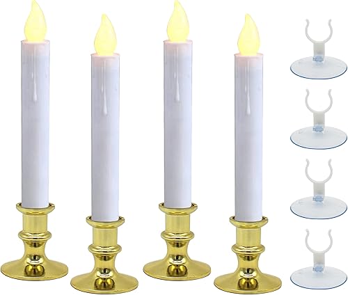 CVHOMEDECO. Velas de ventana con ventosas, cono LED a pilas, encendidoapagado automático, base dorada extraíble, decoración de luces sin llama color