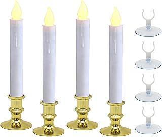 CVHOMEDECO. Window Candles with Suction Cups, Battery Operated LED Taper, Auto On/Off, Removable Gold Base, Flickering Warm Orange Flameless Lights Decor. (4 Pack)
